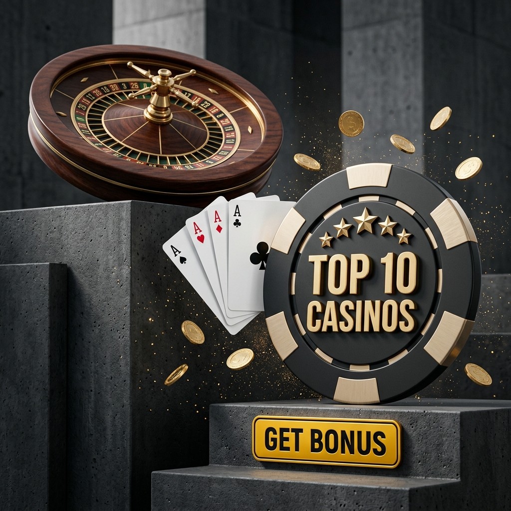 A roulette wheel, four aces and a gold-trimmed casino chip above a stone plinth